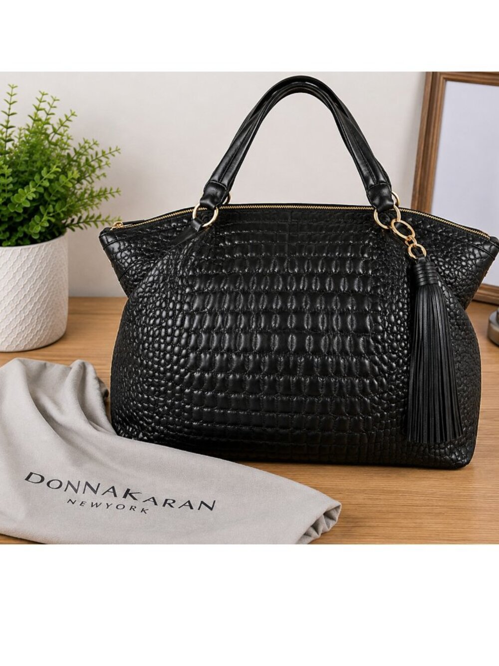 Donna Karan New York Black Lamb Leather Embossed Satchel NWOT